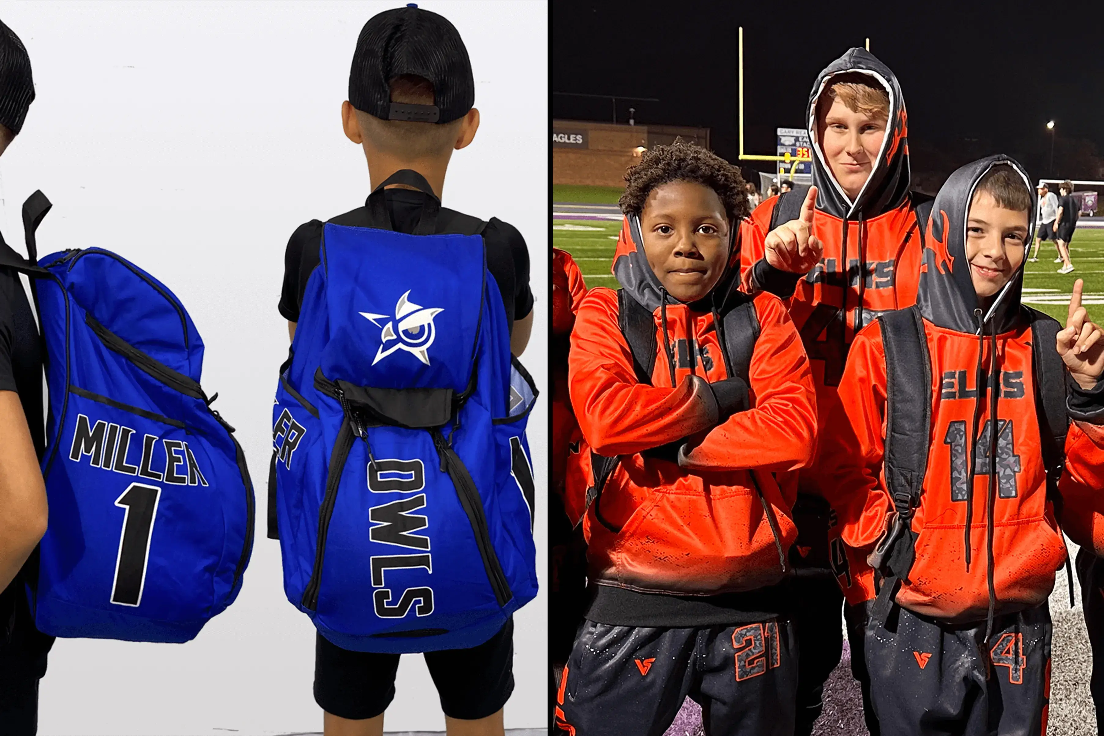 Joshua Owls Custom Backpacks on Left Side and Burleson Elks in Custom Warm Up Suits on the Right Sdie